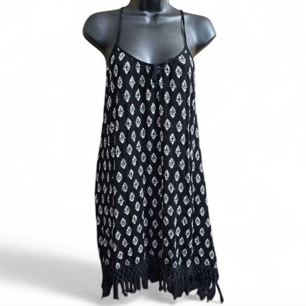 Xhilaration Black/White Boho Mini Fringe Tassle Dress